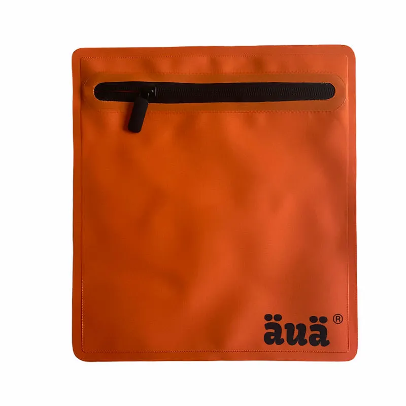 Square, orange mini bag with zipper at the top and small brand logo at the bottom right.