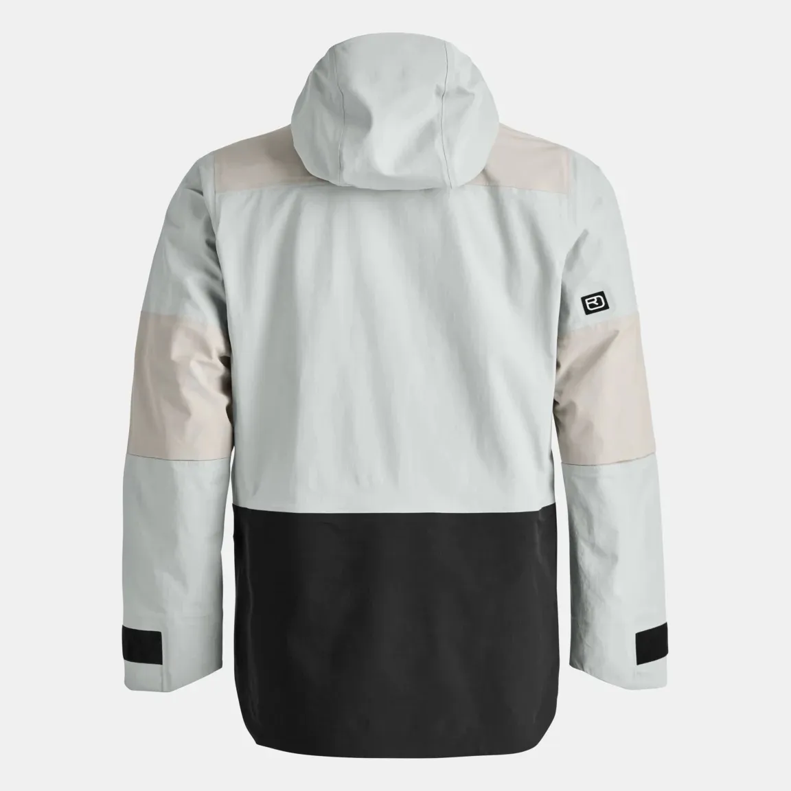 Back view of a winter jacket in light gray, beige and black with hood. There is a small, black Velcro fastener on the left sleeve.