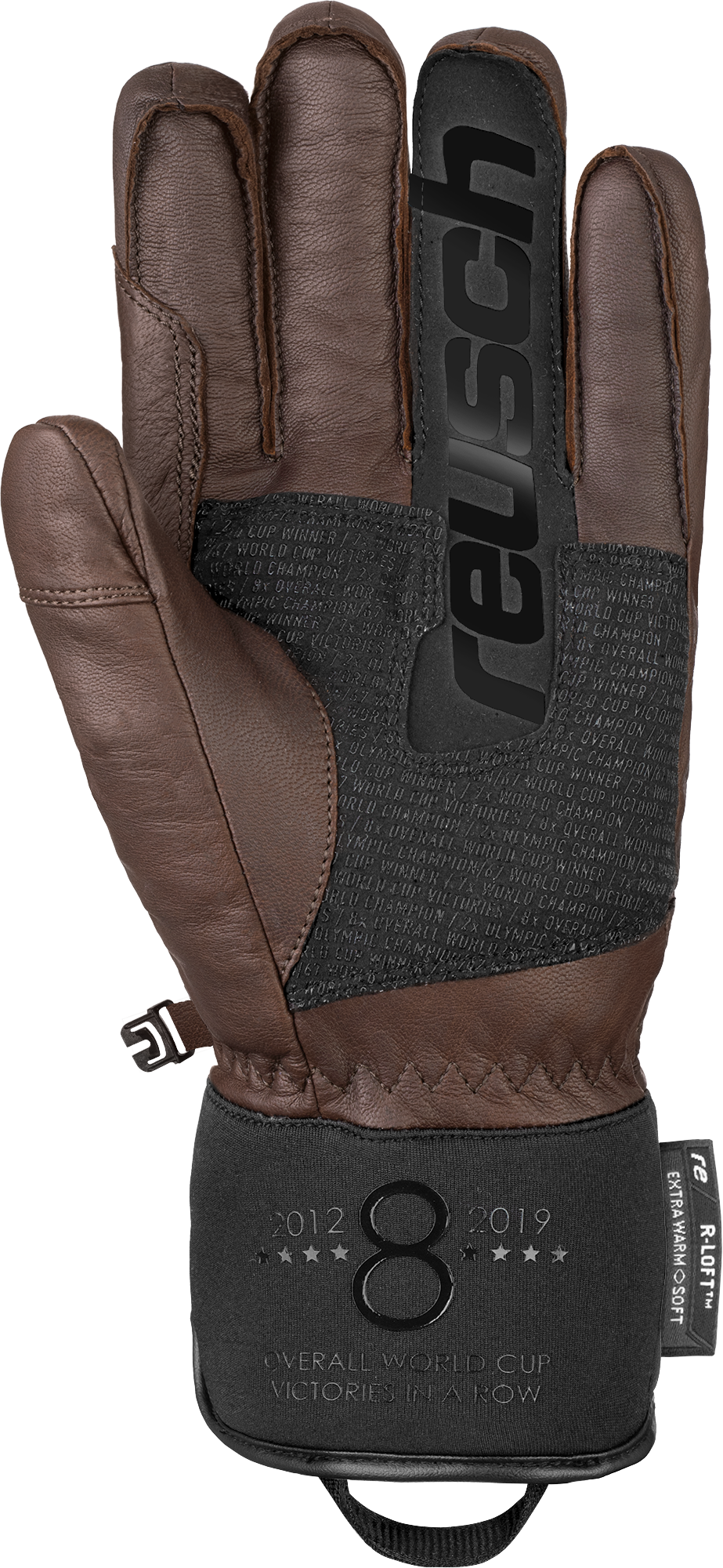 Nahaufnahme von Reusch Marcel Hirscher Signature Leder Skihandschuh in Dunkelbraun, Handflächenseite, Details sichtbar.