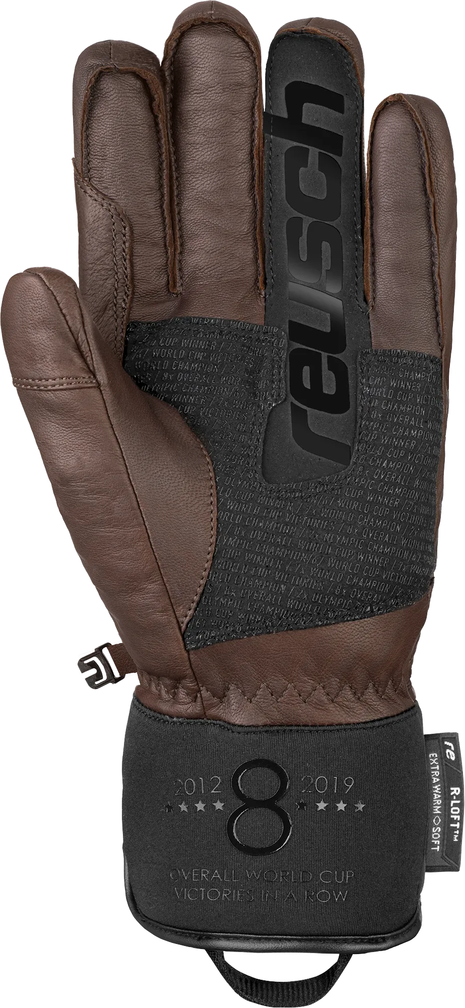 Nahaufnahme von Reusch Marcel Hirscher Signature Leder Skihandschuh in Dunkelbraun, Handflächenseite, Details sichtbar.