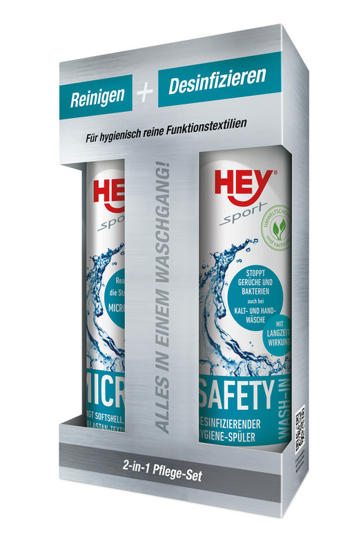 Verpackung des Micro Wash & Safety Wash-in Sets mit zwei Flaschen Waschmittel für Textilien.