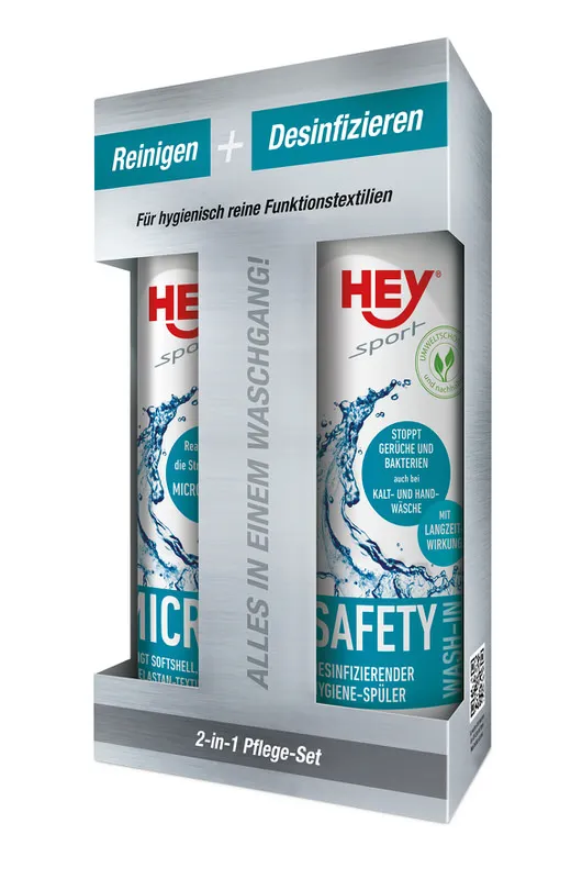 Emballage du Micro Wash & Safety Wash-in Set avec deux bouteilles de lessive pour textiles.