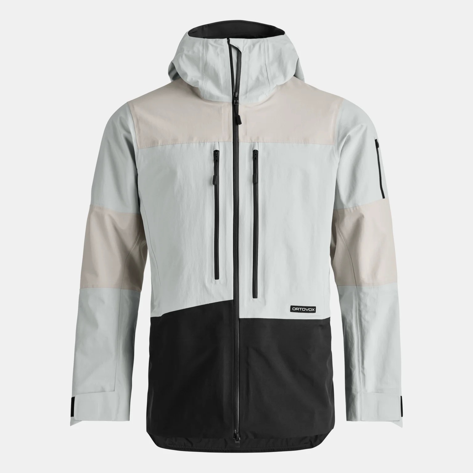 Giacca outdoor grigio-beige-nera con cappuccio e cerniere, vista frontale su sfondo neutro.