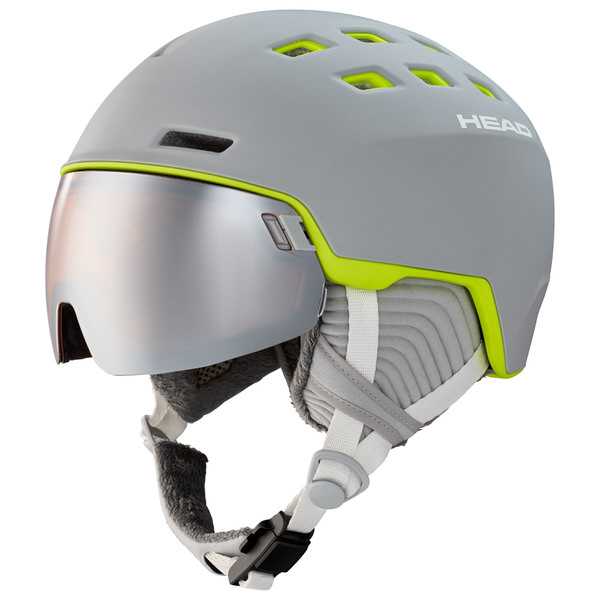 Grauer Skihelm "Head Rachel" mit Visier und limettenfarbenen Akzenten.
