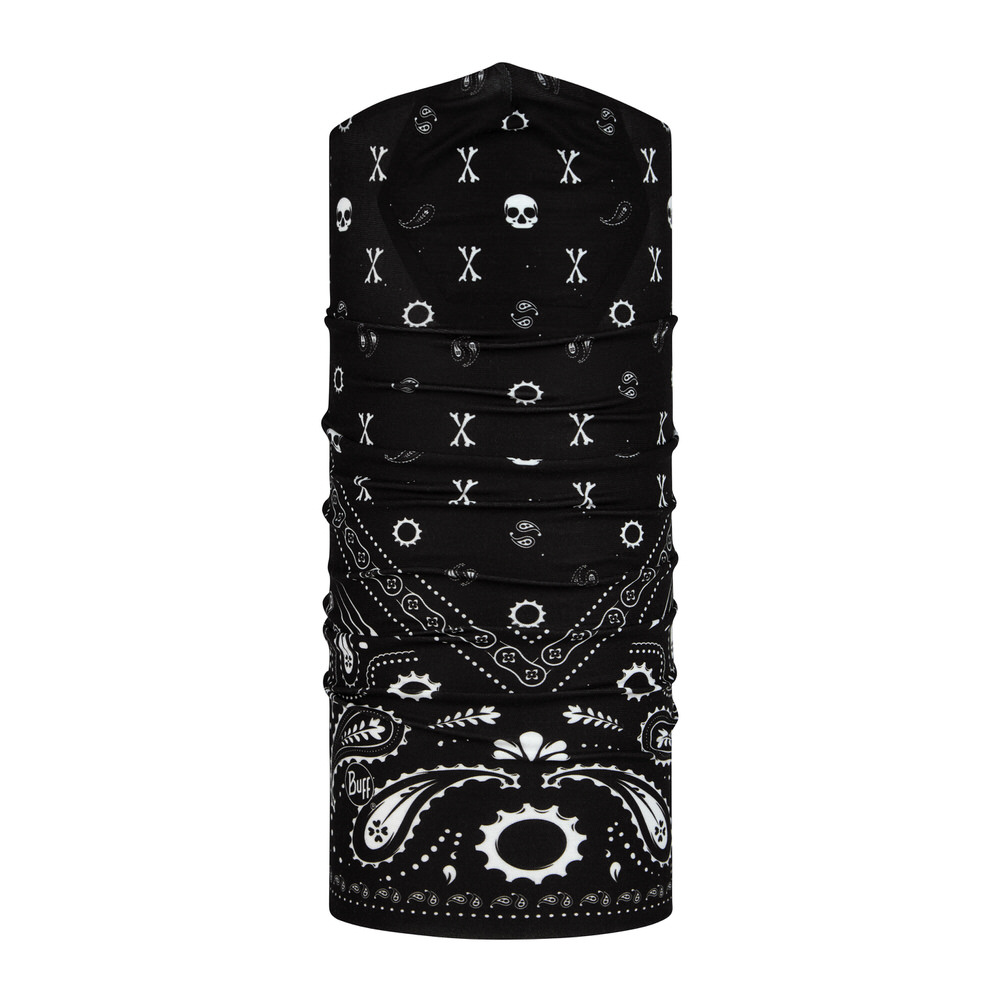 Tête de mort Buff Filtre Filtre noir Buff Tube avec motif blanc de têtes de mort, d'os et de paisley.