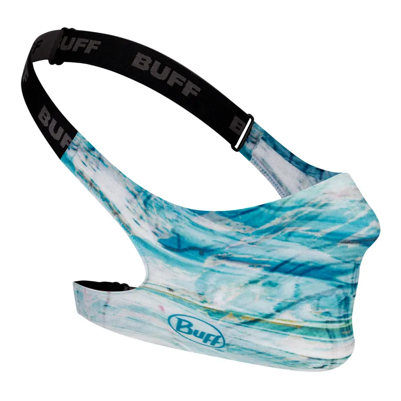 Masque filtre bleu clair Buff avec motif et bande noire ajustable.