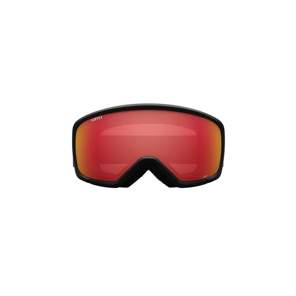 Detailaufnahme der Giro Stomp Flash Goggle mit schwarzem Rahmen und roter Linse.