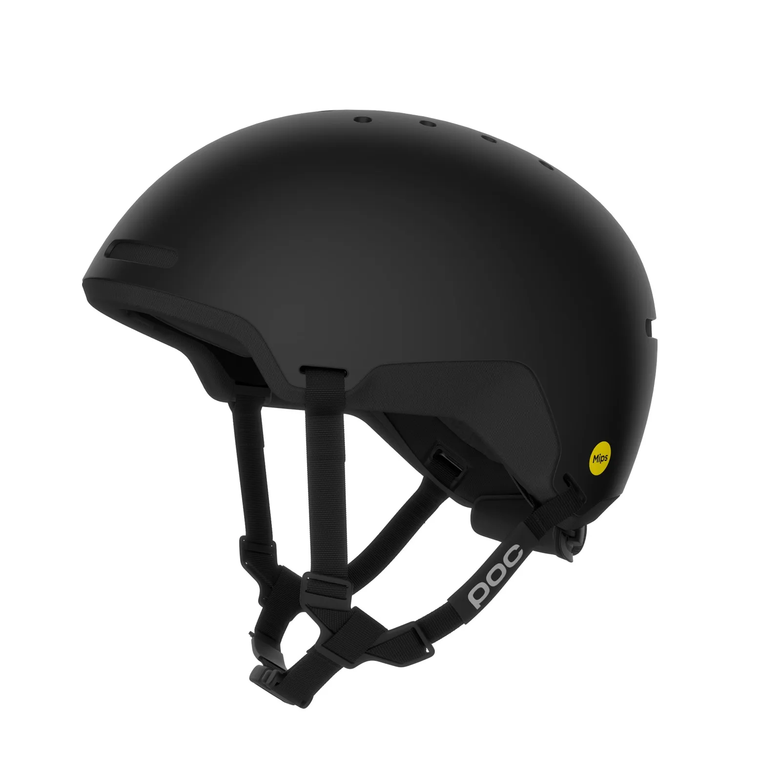 Black POC Calyx helmet, multifunctional for skiing, mountaineering and cycling. Straps and Mips safety sticker visible.