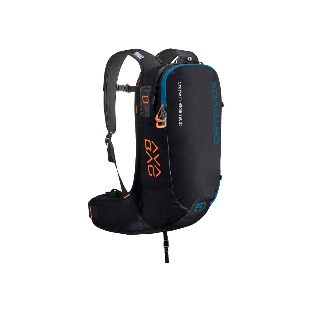 Sac à dos d'avalanche Cross Rider 18 noir avec le logo ORTOVOX bleu et des accents orange, vue latérale.