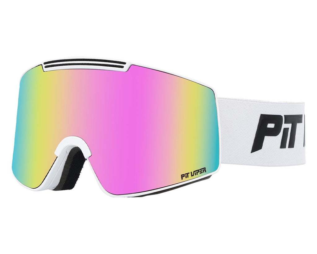 Weiße Ski-Brille mit pink-gelb-blau verspiegelter, zylindrischer Linse und schwarzem Logo auf dem weißen Kopfband.