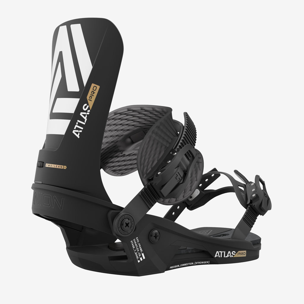 Schwarze Union Atlas Pro Snowboardbindung, seitliche Ansicht, Highback mit weißen Streifen und Schriftzug.