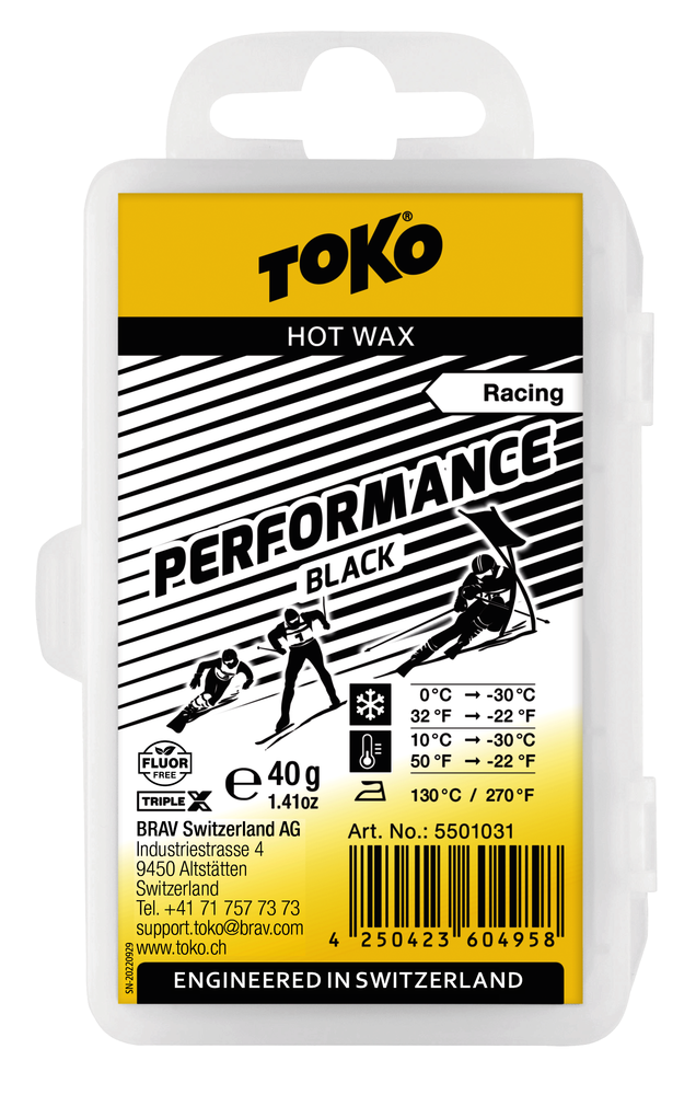 Verpackung Toko Hot Wax Racing Performance Black, mit Grafik von Skirennläufern und Temperaturangaben. Gelb, schwarz und weiss.