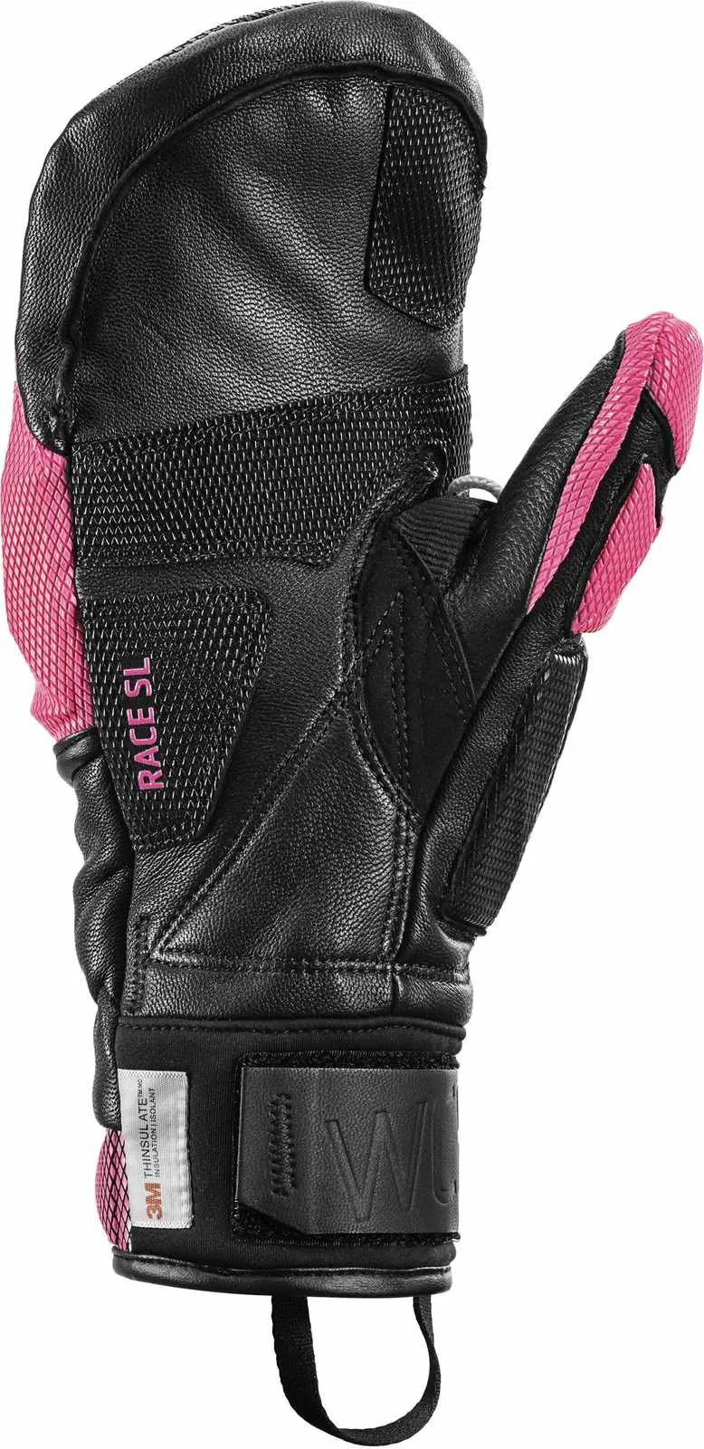 Gros plan sur un gant noir Leki WCR Venom SL 3D Mitt avec des détails roses.
