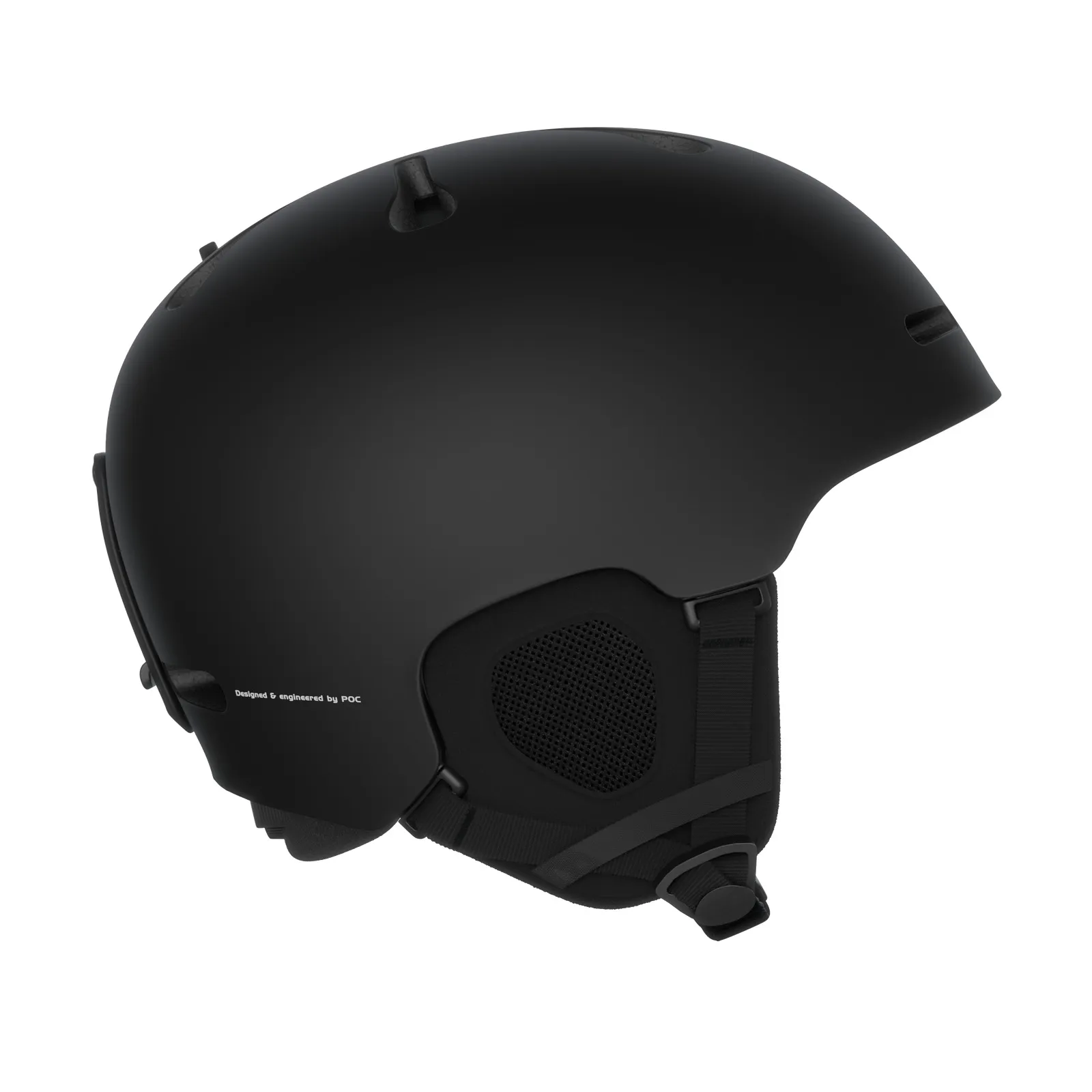 Schwarzer Ski-Helm Poc Fornix Mips von der Seite, mit Belüftungsöffnungen, Ohrpolstern und Brillen-Clip.