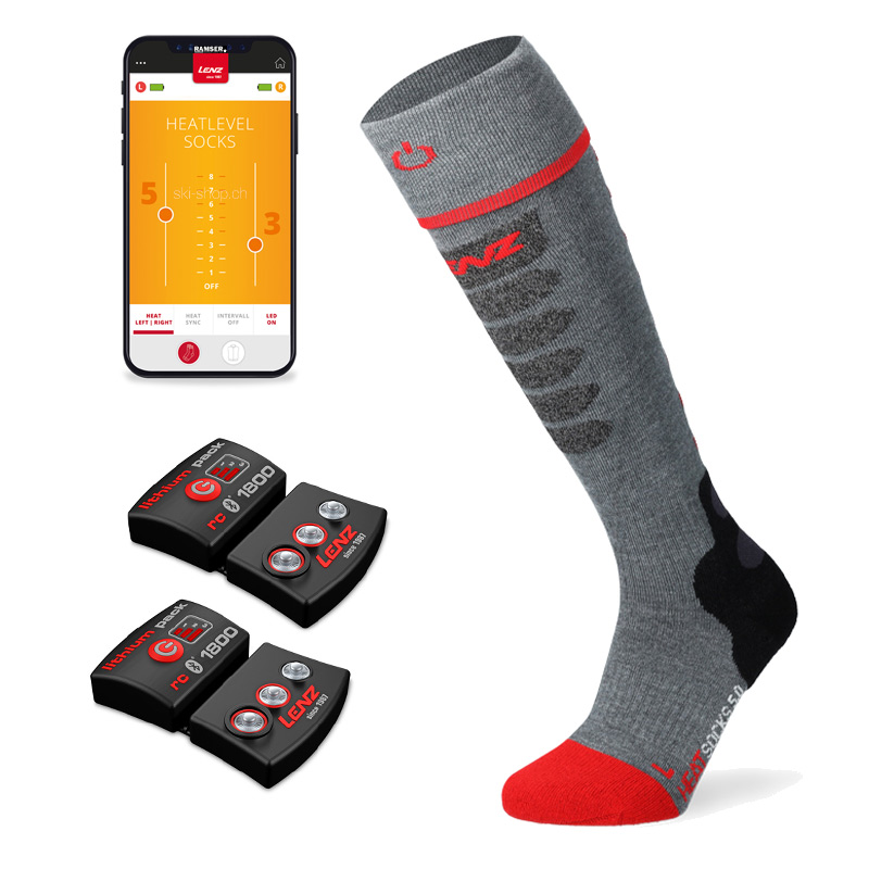 Graue Lenz Heat Sock 5.1 mit Akkus und Smartphone-App zur Heizstufenregulierung.