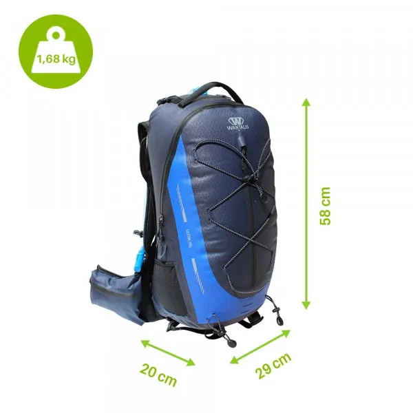 Sac à dos bleu étanche (35L) avec système d'hydratation, poche en filet latérale et élastique. Les indications de taille sont visibles sur l'image.