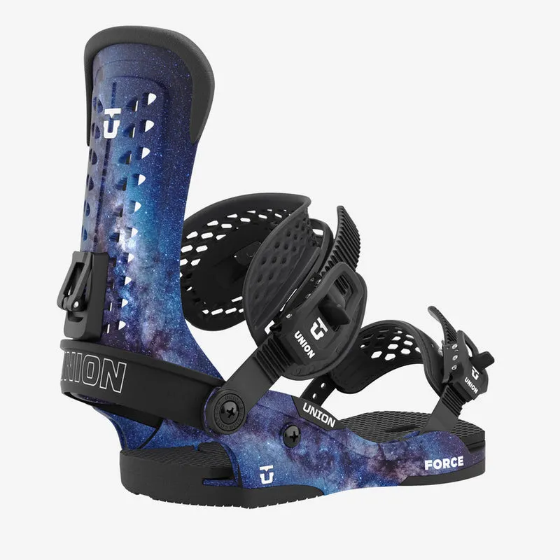 Close-up of the Union Force Cosmos snowboard binding with cosmic pattern.