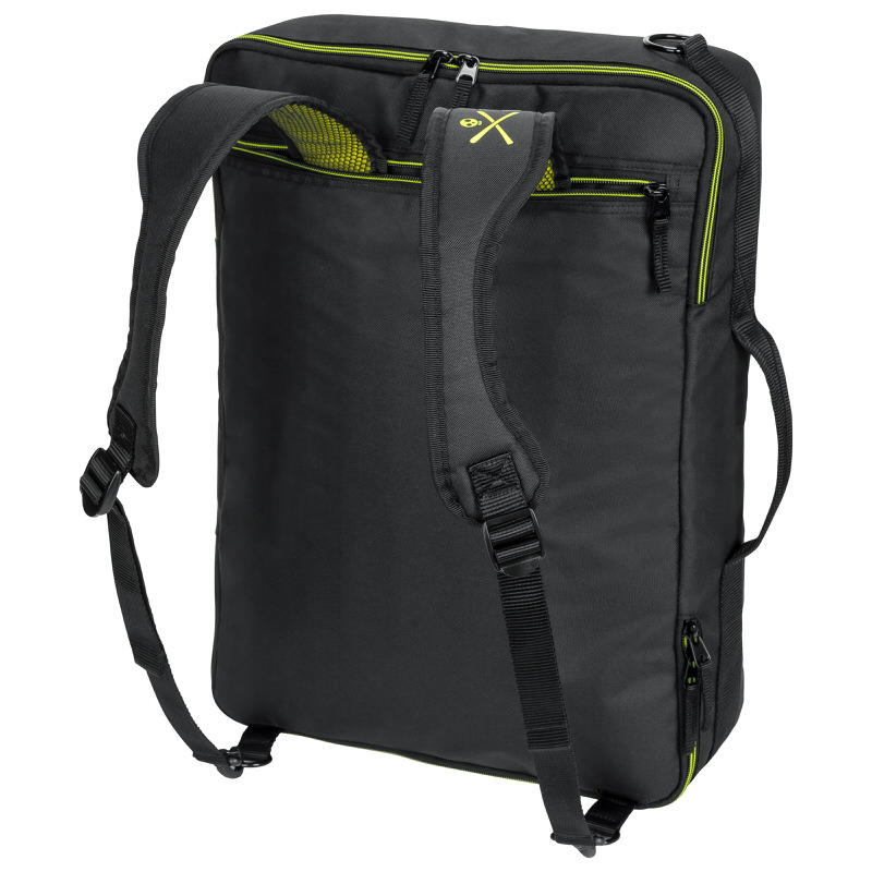 Schwarze Head Rebels Boot Carry On Tasche mit Schultergurten und gelben Details, Rückansicht.