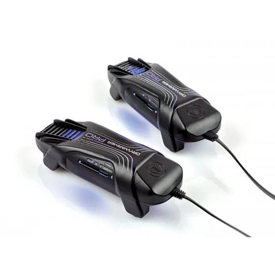 Two black Sidas Drywarmer Pro USB shoe dryers on a white background, with cables.