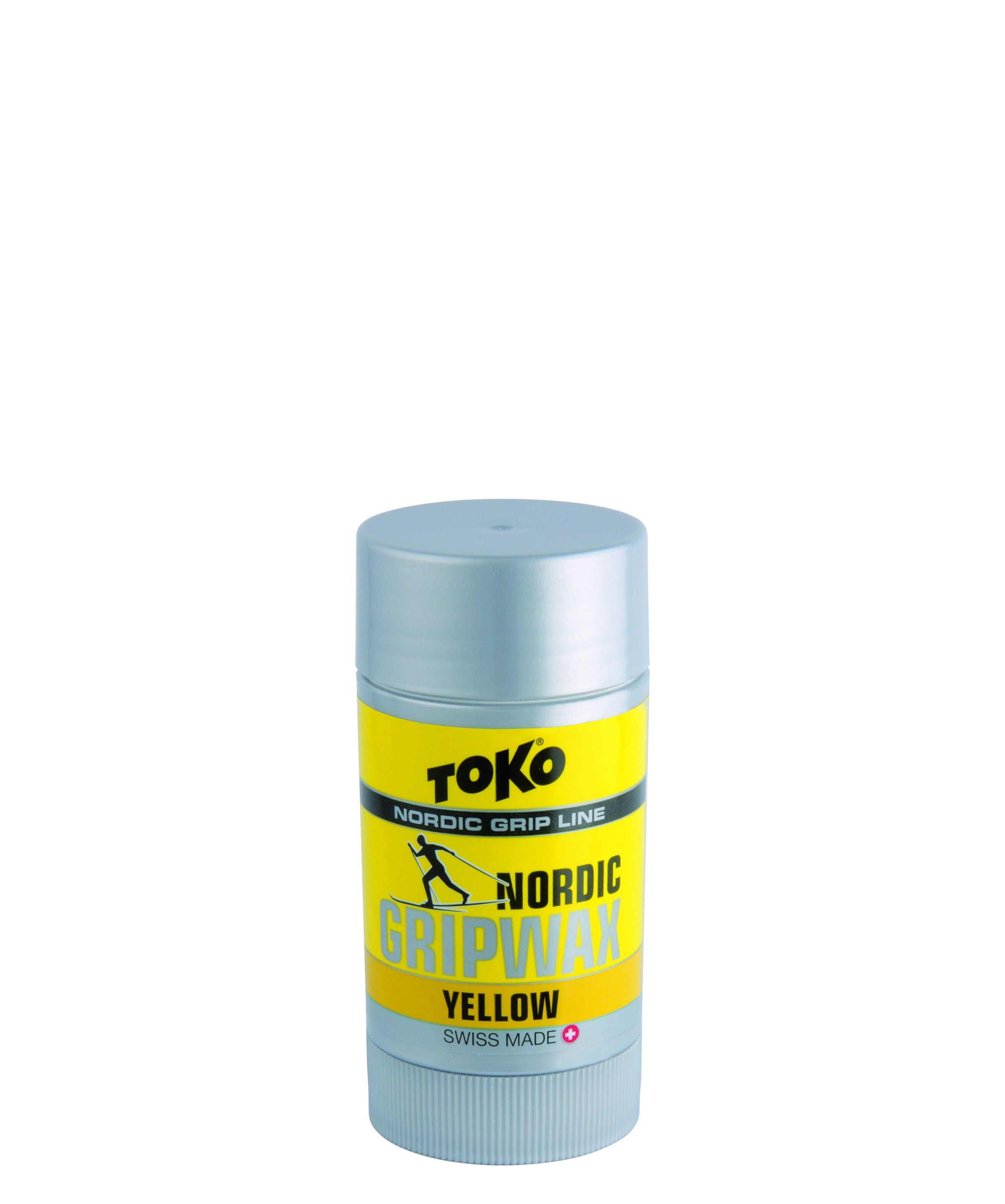 Ein gelber Wachsbehälter mit der Aufschrift "Nordic GripWax Yellow" und einem Skifahrer darauf.