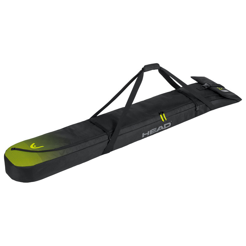 Schwarze Head Double Skibag 2022 mit Tragegurten und gelben Details.