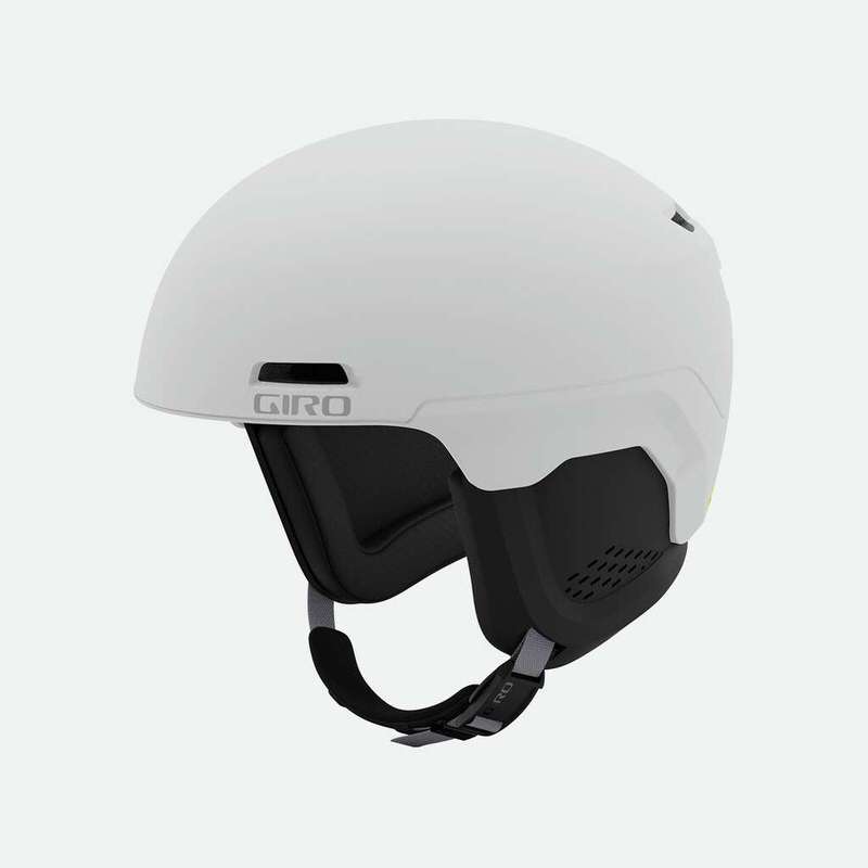 Matter, weißer Giro Owen Women Skihelm mit schwarzen Ohrpolstern und Giro Logo.