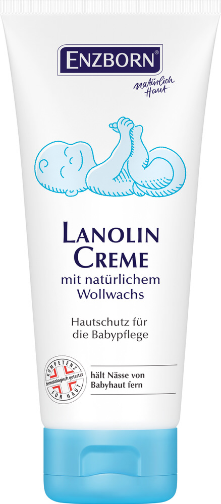 Lanolin Creme für Babys Tube Lanolin Creme mit Baby-Illustration, Text: Lanolin Creme mit natürlichem Wollwachs, Hautschutz für Babypflege.
