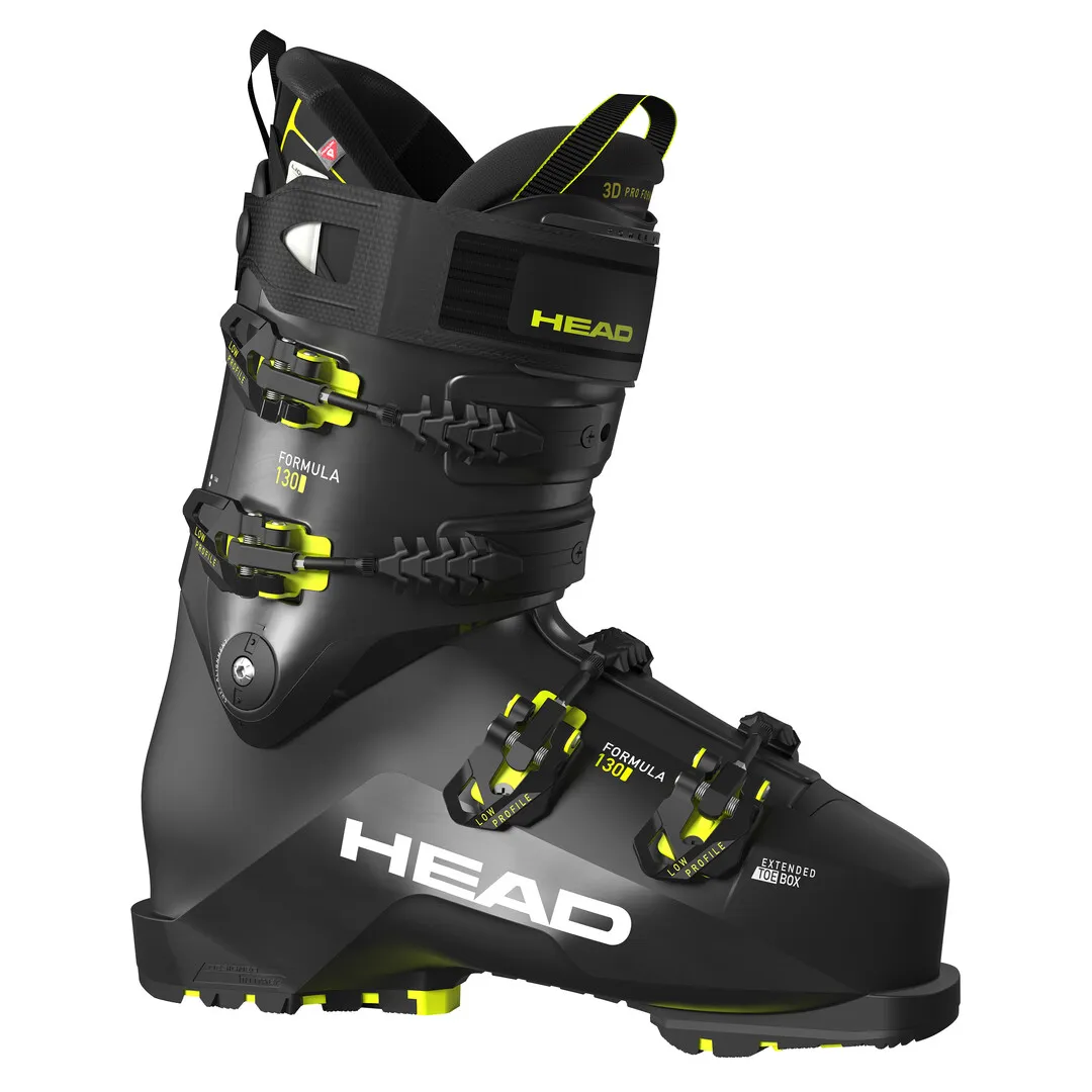 Schwarzer Head Formula 130 GW Skischuh mit gelben Akzenten, seitliche Ansicht.