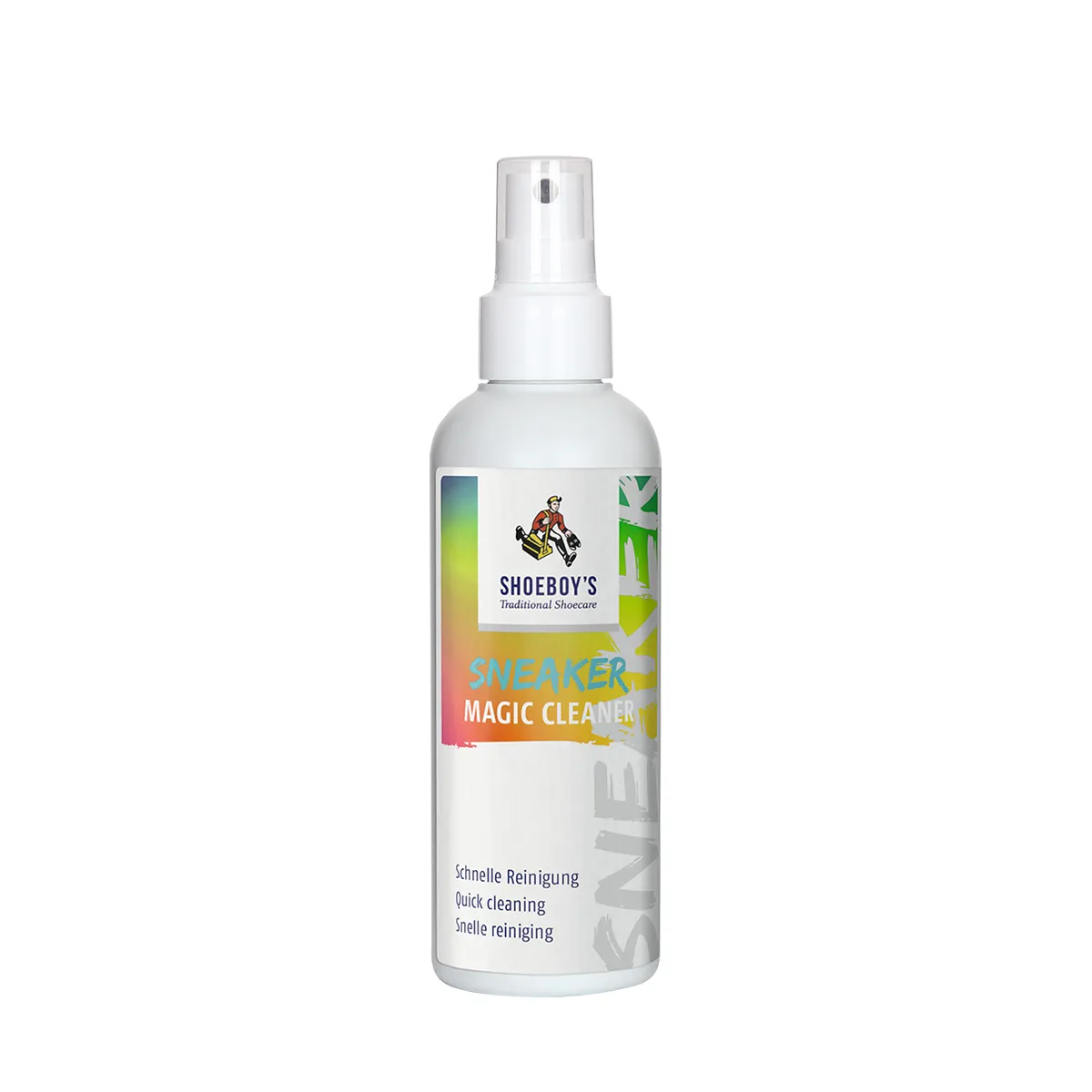 White spray bottle with label. "Sneaker Magic Cleaner" for shoe care.