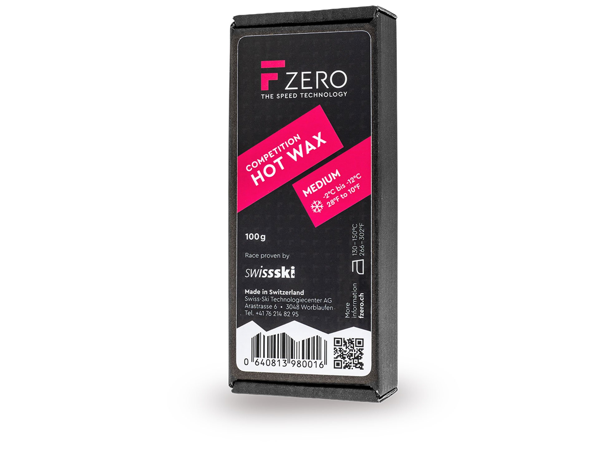 Nahaufnahme einer schwarzen Verpackung F-Zero Hot Wax Medium, Teil der WC Pro Wax Box.