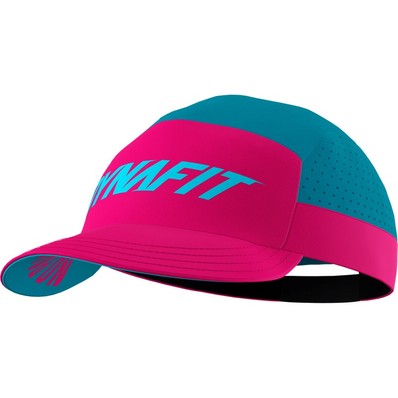 Casquette Transalper Dynafit de couleur flamant rose avec l'inscription Dynafit en turquoise et l'intérieur de la visière.