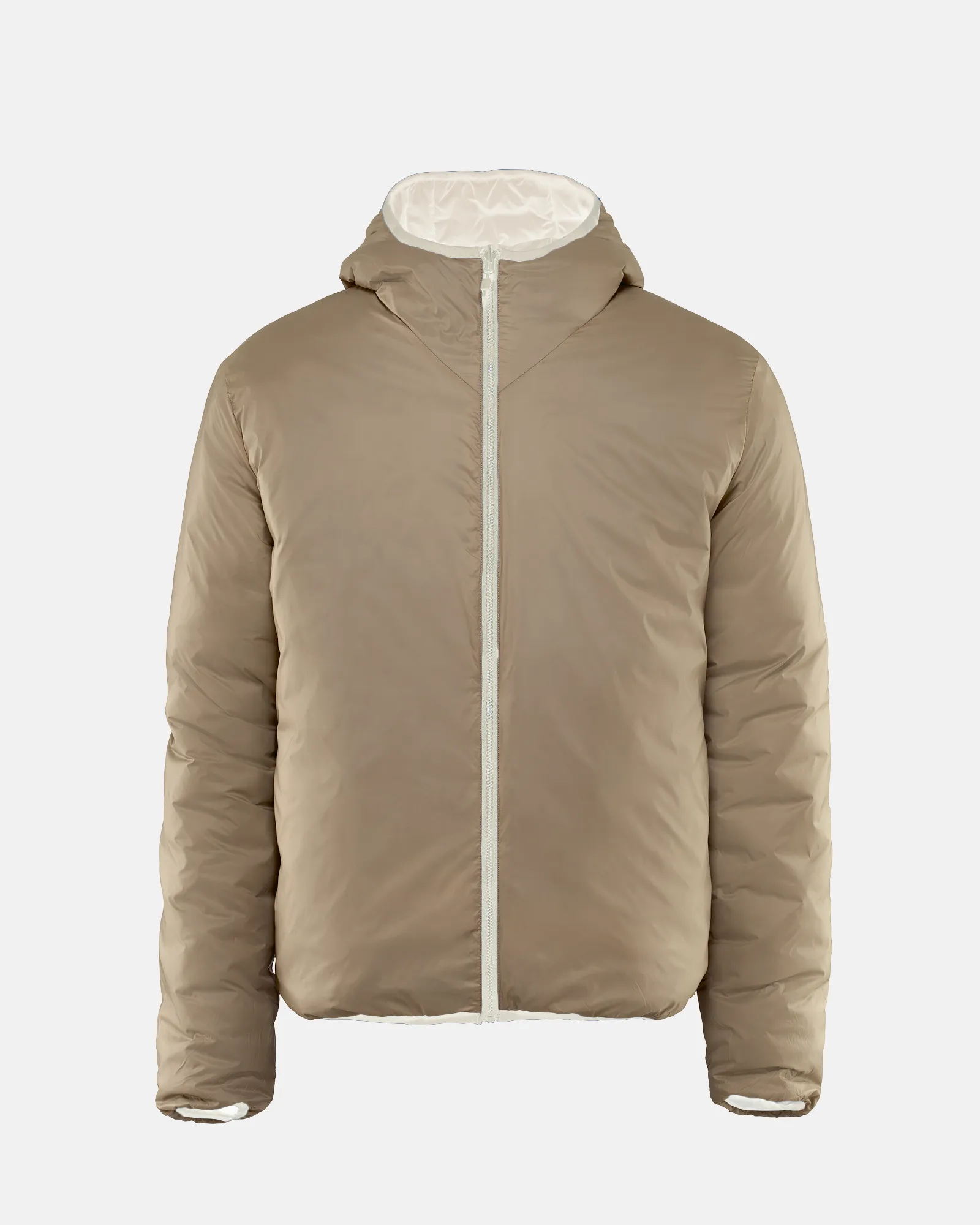 Sand-coloured, lightweight hooded jacket with a white zipper in the middle against a light background. The hood is also lined in a light color.