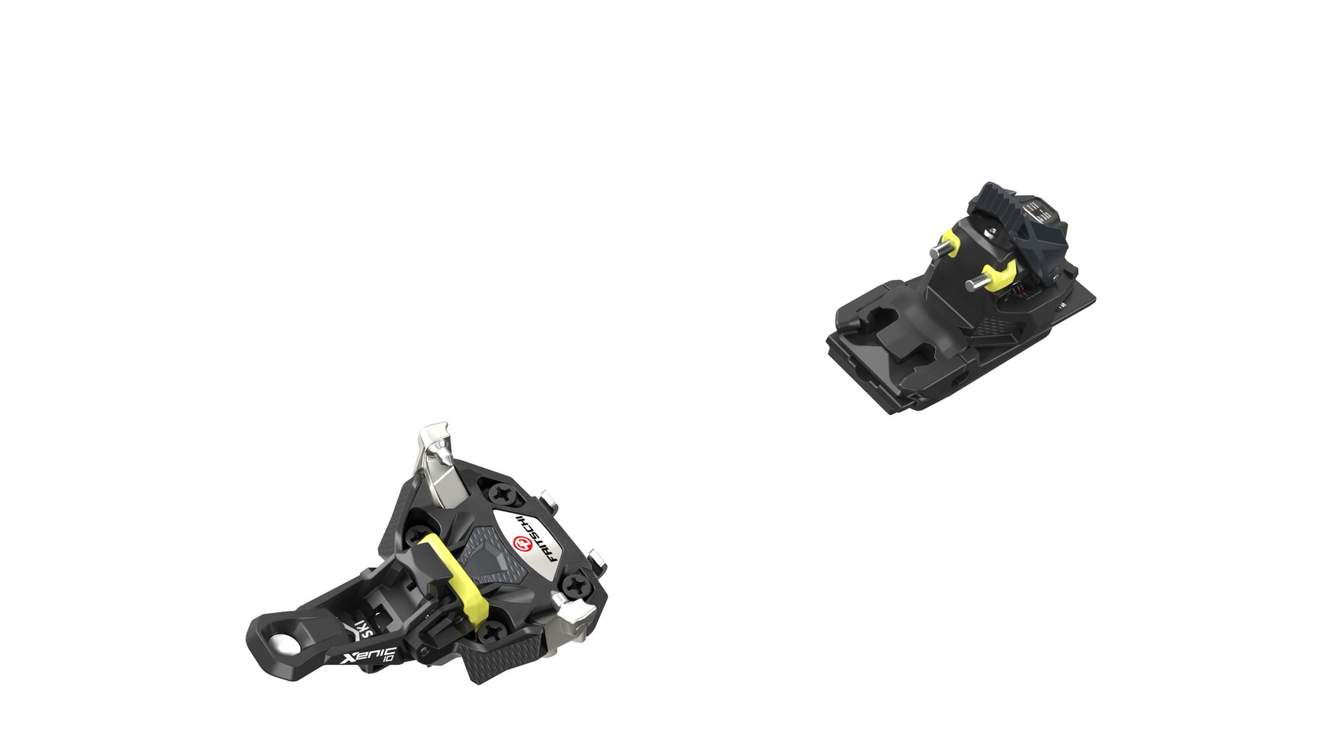 Fritschi Fixations Xenic 10 Deux fixations de randonnée Fritschi Xenic 10 en noir et jaune sur un fond blanc.