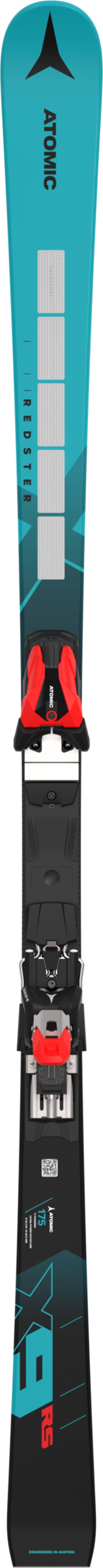 Ski mit türkis-schwarzem Design, roten Bindungen und "Atomic"-Logo, von vorne aufgenommen.