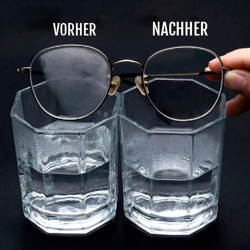 Glasses over steam: fogged up on the left, clear on the right. Fog-Out anti-fog microfiber demonstrates the before and after effect.