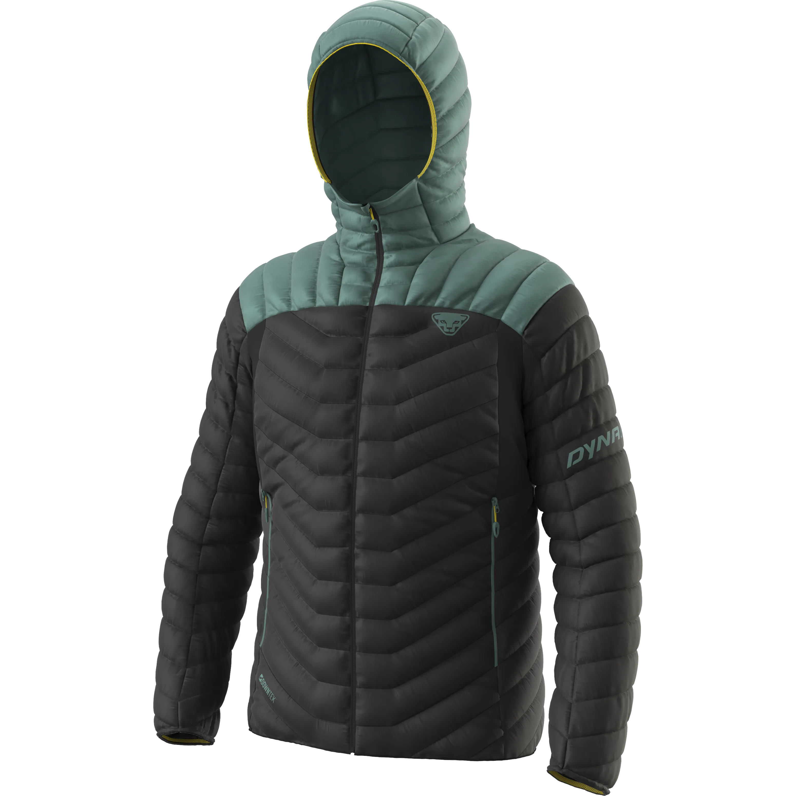 Black Dynafit Ridge Ultralight down jacket with hood. Chest and hood area are mint green.