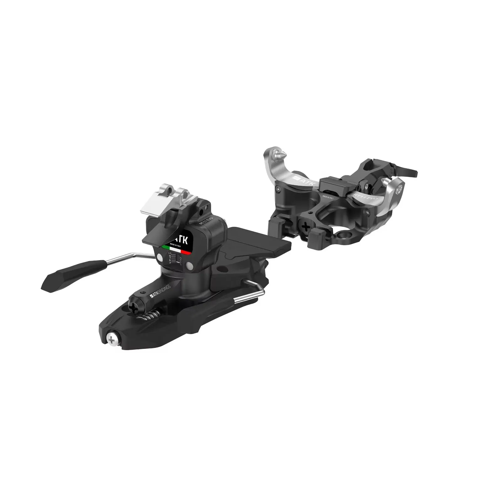 Vue détaillée de la fixation de randonnée noire ATK RT 11 EVO, composée d'une partie avant et d'une partie arrière.
