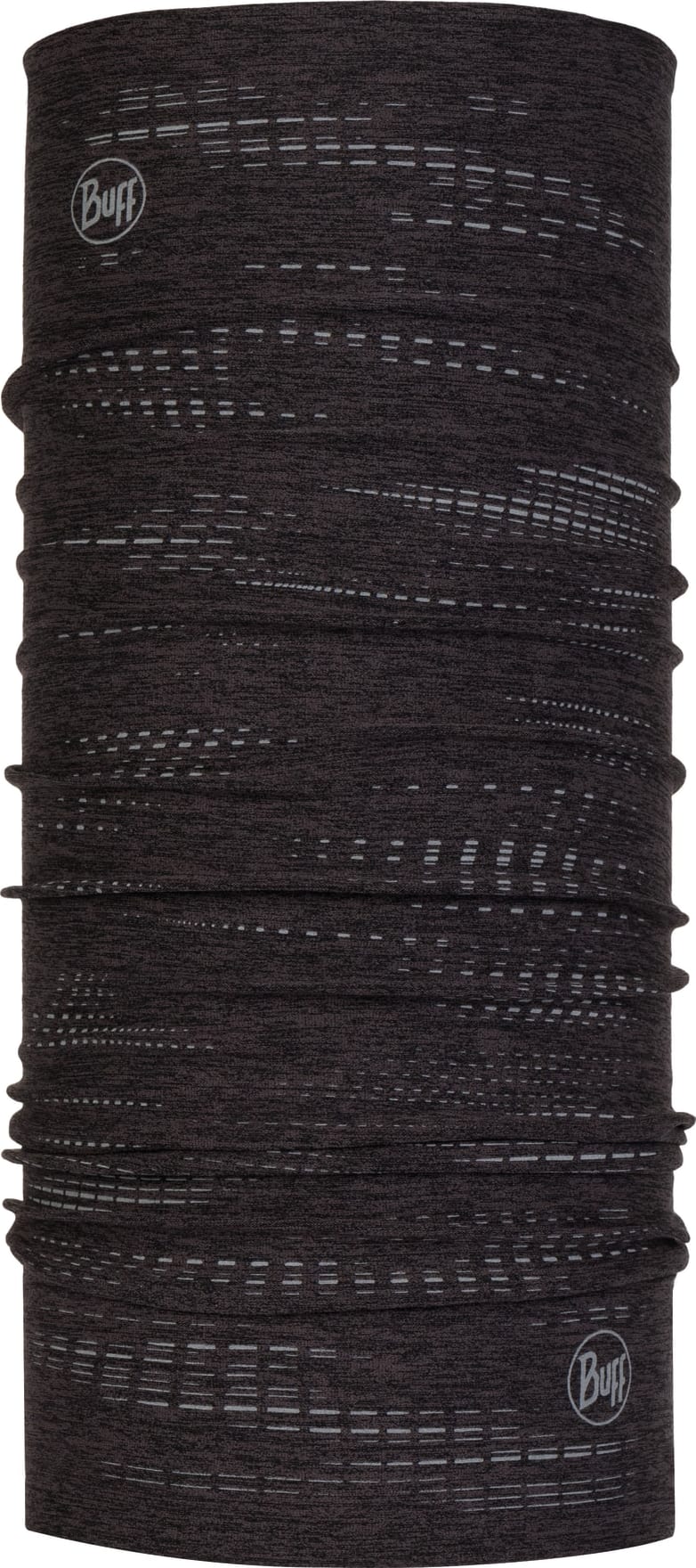 Schwarzes, nahtloses Dryflx Buff Schlauchtuch mit reflektierenden Elementen und dem Buff-Logo oben und unten.