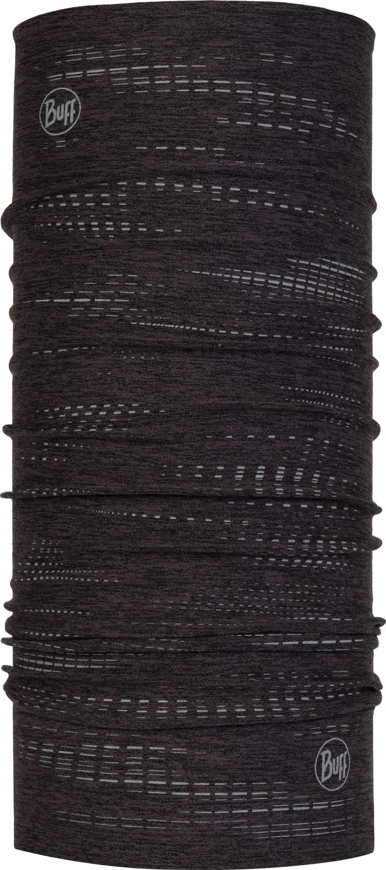 Black, seamless Dryflx Buff tube scarf with reflective elements and the Buff logo at the top and bottom.