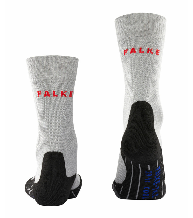Chaussettes de trekking grises TK2 Cool pour femmes, Falke logo rouge, talon et orteils renforcés en noir.