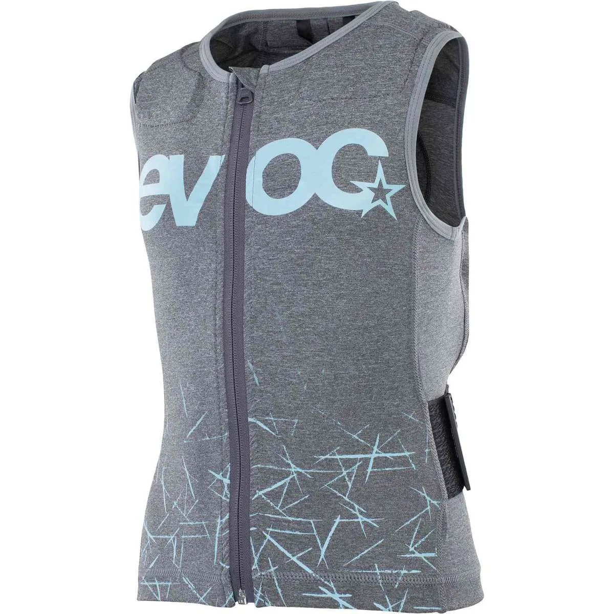 Graue Evoc Protector Weste für Kinder mit Reißverschluss und hellblauen Akzenten und Logo.