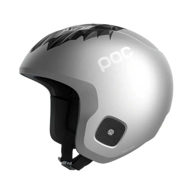 Silver-colored POC Skull Dura Junior ski helmet with black lion pattern on top and POC logo.