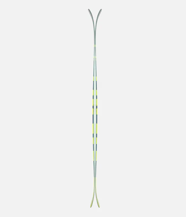 Top view of the Black Crows Mirus Cor ski with yellow-green accent graphics on a white background.