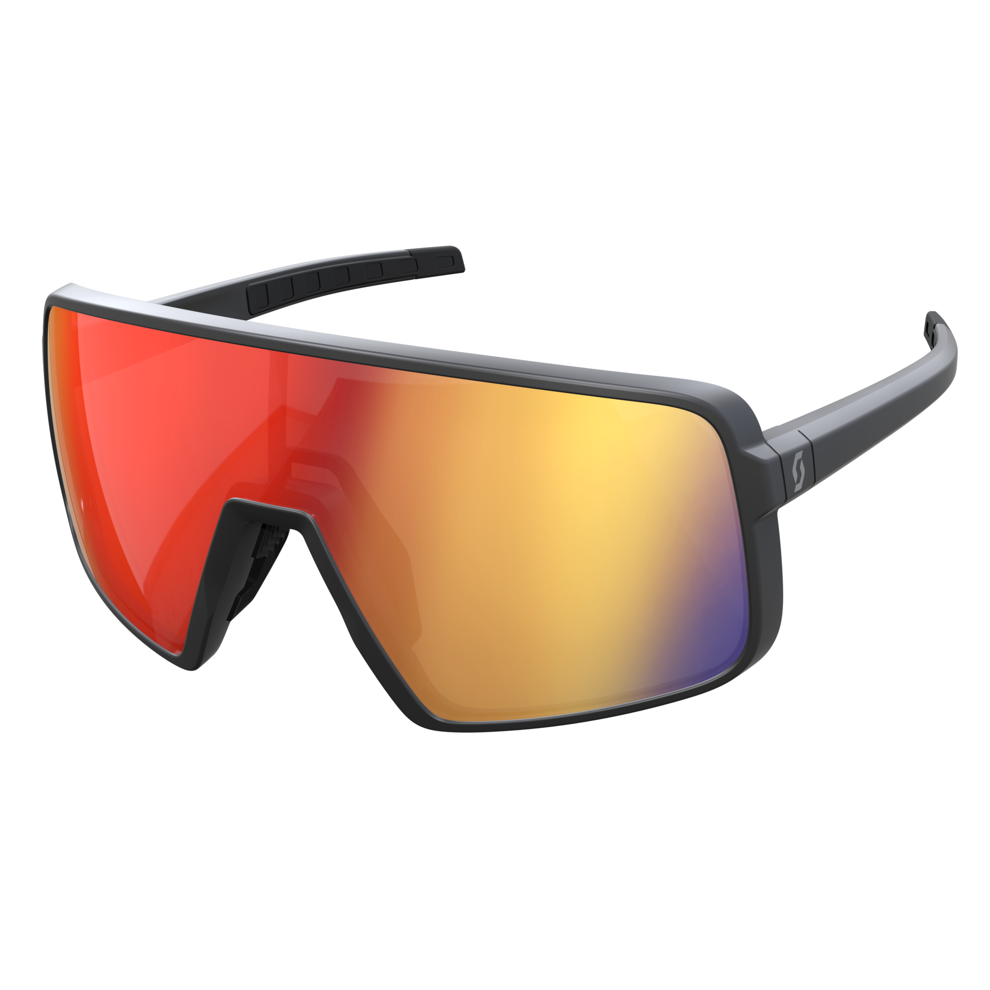 SCOTT Torica Sonnenbrille SCOTT Torica Sonnenbrille mit schwarzem Rahmen und rot-chromfarbenen, getönten, torischen Gläsern.