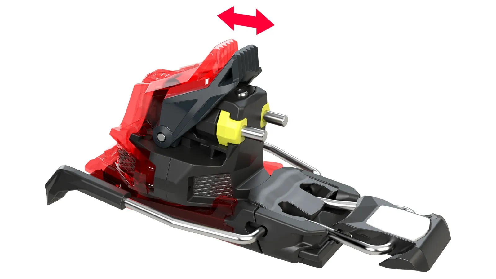 Close-up of the Fritschi Xenic Plus 12 ski touring binding, red and black. A red arrow indicates movement to the left and right.