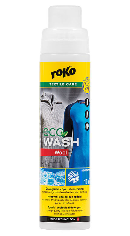 Gelbe Flasche Toko Eco Wool Wash Waschmittel für Wolle und Merino-Textilien.