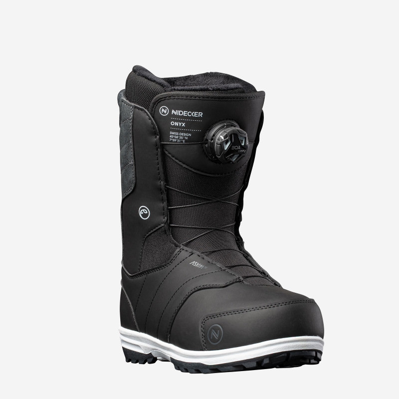 Women's snowboard boot Onyx Black Nidecker Onyx snowboard boot for women, side view, Boa lacing system.