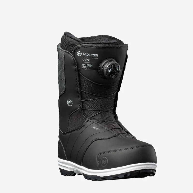 Black Nidecker Onyx snowboard boot for women, side view, Boa lacing system.