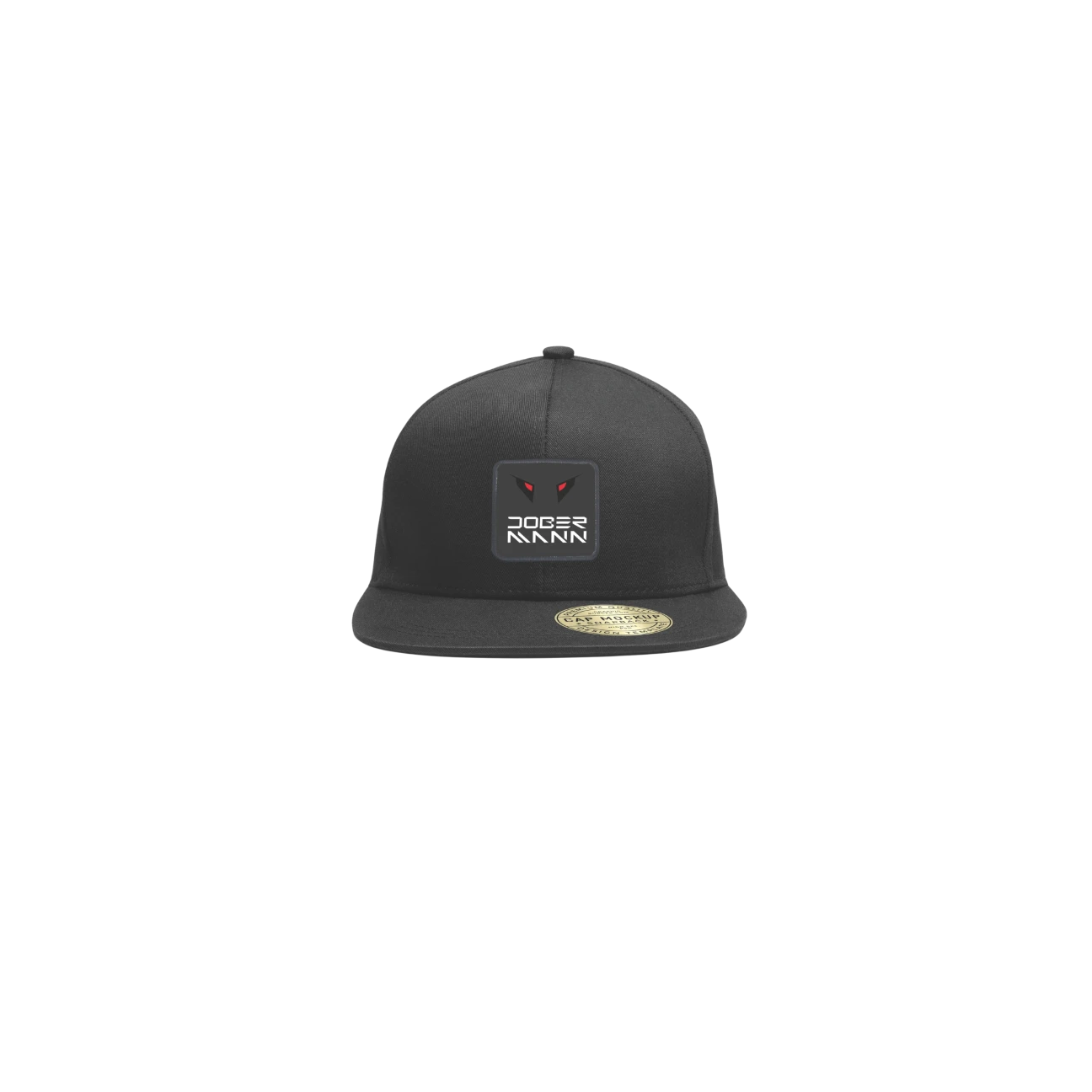 Schwarze Kappe mit flachem Schirm und einem Logo mit stilisierten Augen.