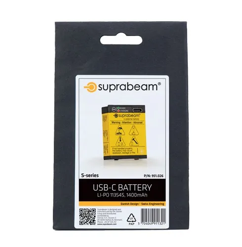 Verpackung einer Lithium Polymer 1400 mAh USB-C Batterie der S-Serie von Suprabeam.